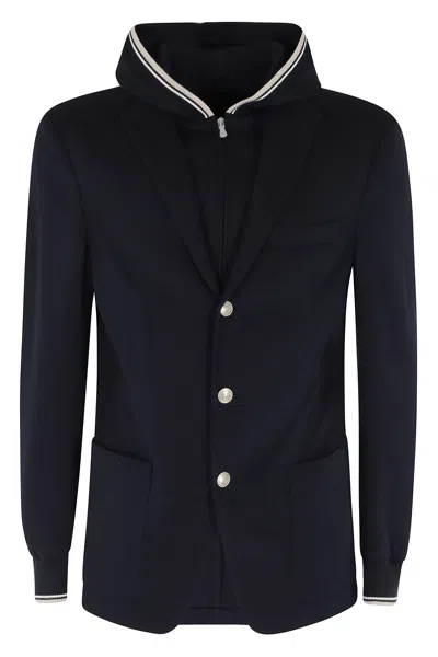 Eleventy Blue Single-breasted Removable-hood Cotton Blazer In Multi