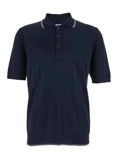 Eleventy Blue Sweater With Classic Collar And Fringed Hem In Fabric Man
