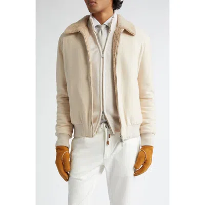 Eleventy Boiled Wool & Genuine Shearling Bomber Jacket In Sand
