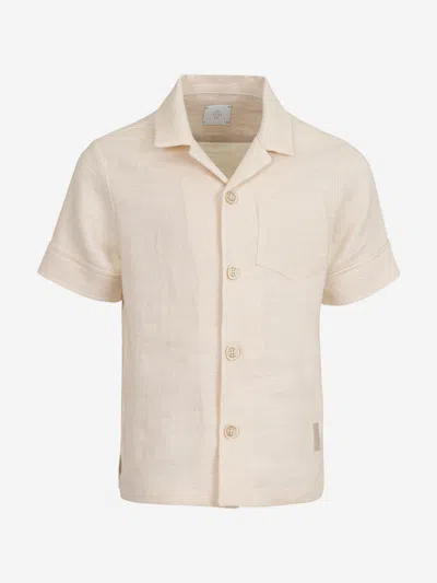 Eleventy Boys Linen Short Sleeve Shirt In Ivory
