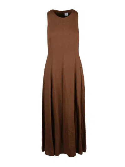 Eleventy Brown Long Flared Linen Dress In Green