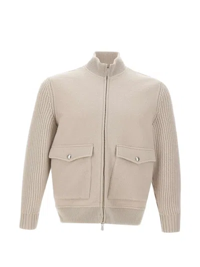 Eleventy Cable-knit Sleeve Zip-up Bomber Jacket In Neutral