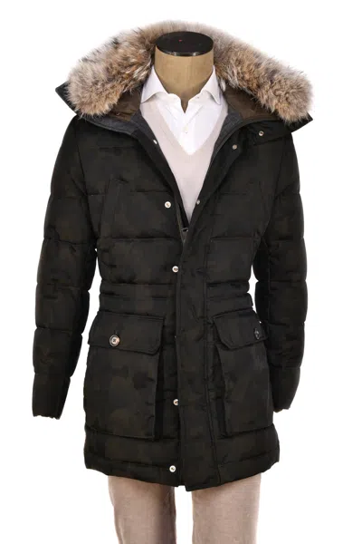 Eleventy Camo Nylon-wool Coat W/ Removable Coyote Fur Trim Hood In Black