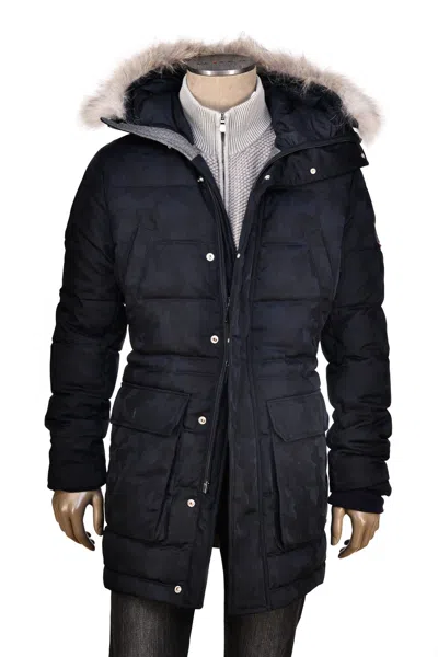 Eleventy Camo Nylon-wool Coat W/ Removable Coyote Fur Trim Hood In Blue
