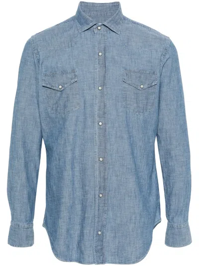 Eleventy Chambray Press-stud Shirt In Blue