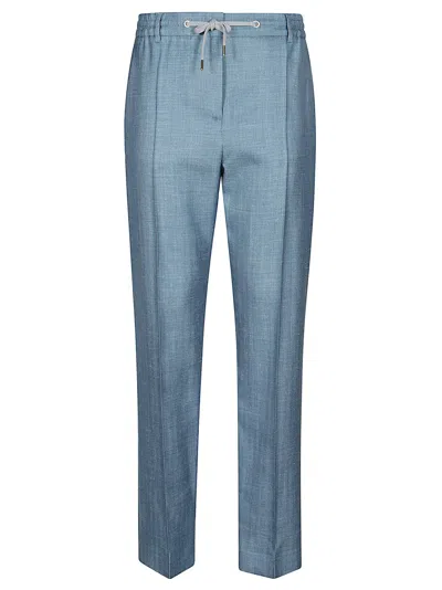 Eleventy Cigarette-style Trousers In Linen And Silk Blend With Drawstring Waist In Blue