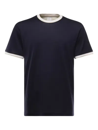 Eleventy Men Black Crewneck T-shirt With Layered Collar In Cotton Man In Blue
