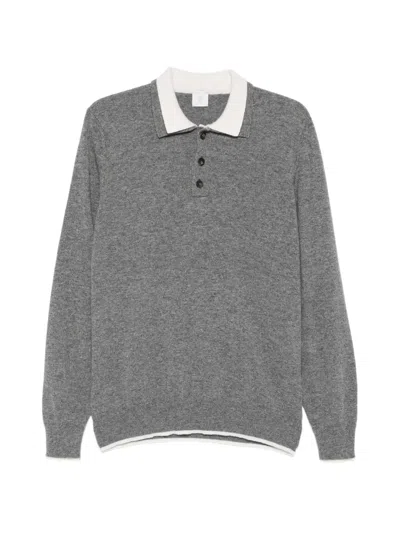 Eleventy Contrast-collar Long-sleeve Polo Shirt In Gray