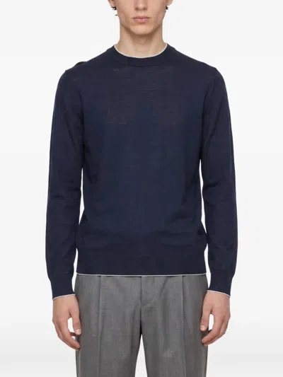 Eleventy Contrast-trim Fine-knit Sweater In Blue