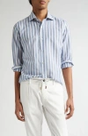 Eleventy Dandy Stripe Cotton & Linen Button-up Shirt In 08-01 Denim And White
