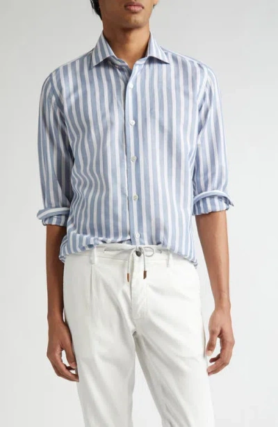 Eleventy Dandy Stripe Cotton & Linen Button-up Shirt In 08-01 Denim And White