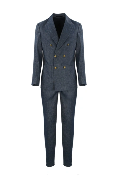 Eleventy Denim Effect Double-breasted Suit In Blue