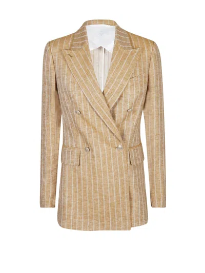 Eleventy Double-breasted Striped Linen Jacket In Terracotta
