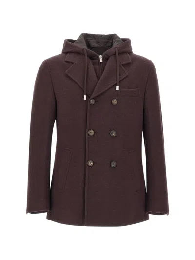 Eleventy Double-breasted Hooded Jacket In Brown