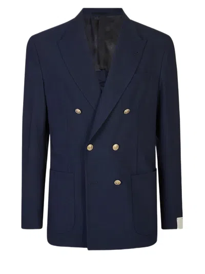Eleventy Double-breasted Slim Fit Blazer With Metallic Buttons In Blue