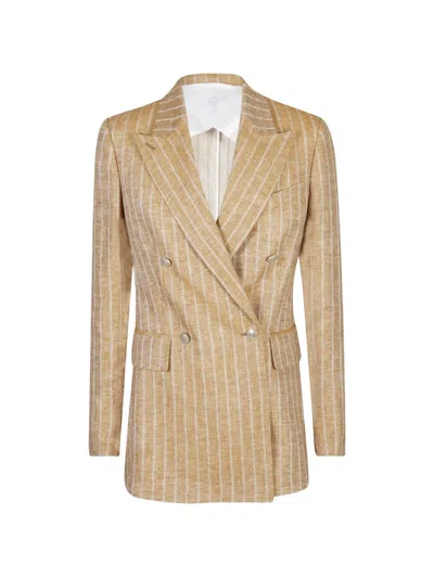 Eleventy Double-breasted Striped Linen Jacket In Brown