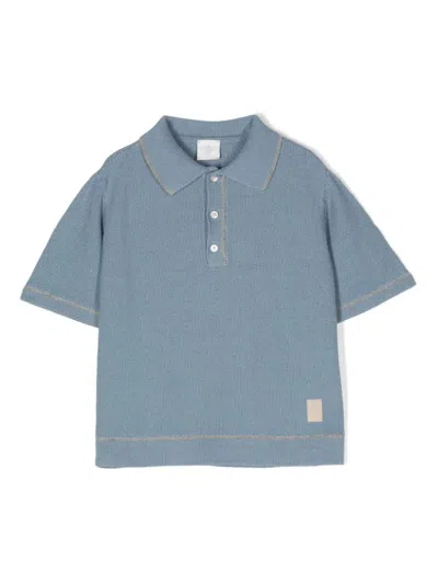 Eleventy Kids' Dusty Blue Knitted Polo Shirt With Grey Stripes