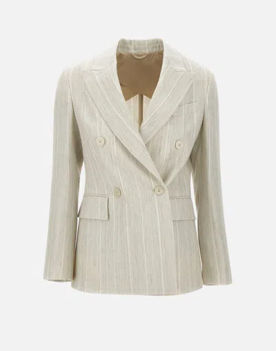 Eleventy Ecru Wool Linen Blazer With Stripes