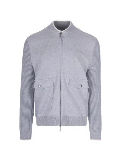 Eleventy High-collar Casual Jacket With Textured Ribbed Sleeves In Blue