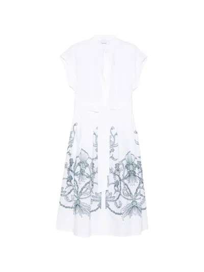 Eleventy Floral Belted Midi Dress In White