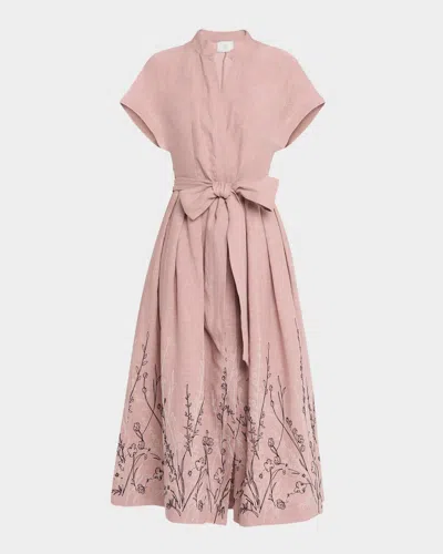 Eleventy Floral-embroidered Linen Midi Dress In Rose
