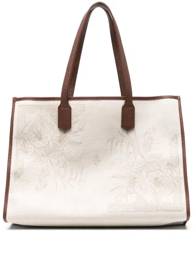 Eleventy Floral-print Canvas Tote Bag In Neutrals