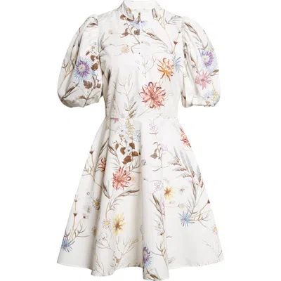 Eleventy Floral Puff Sleeve Cotton Poplin Dress In Multi