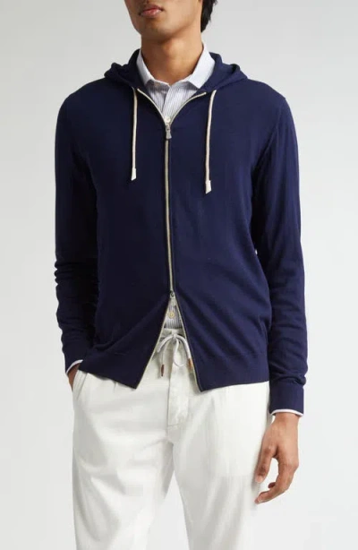 Eleventy Full Zip Wool Hooded Sweater In Blue