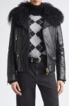 Eleventy Genuine Shearling Collar Leather Biker Jacket In Multi