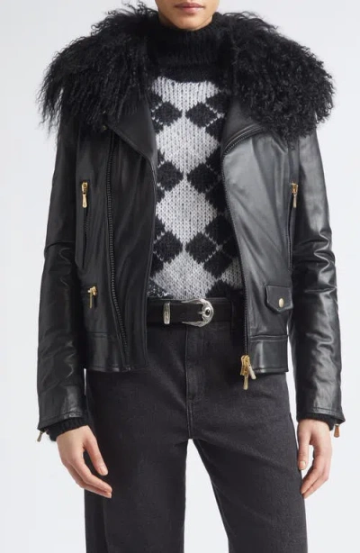 Eleventy Genuine Shearling Collar Leather Biker Jacket In 22 Black