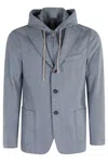 Eleventy Single-breasted Jacket With Drawstring Hood In Blue