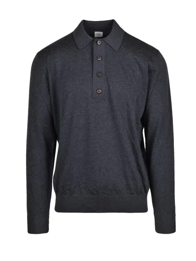 Eleventy Grey Cotton-blend Knit Polo Shirt In Black