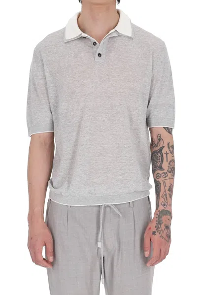 Eleventy Grey Linen-cotton-cashmere Double-collar Polo Shirt In Gray