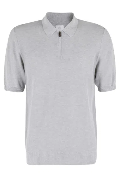 Eleventy Grey Piquet Zip Collar Polo With Ribbed Detailing In Grigio