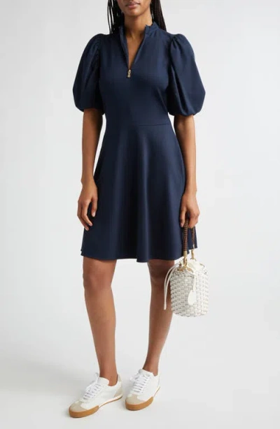 Eleventy Half Zip Puff Sleeve Ponte Knit Dress In Blue