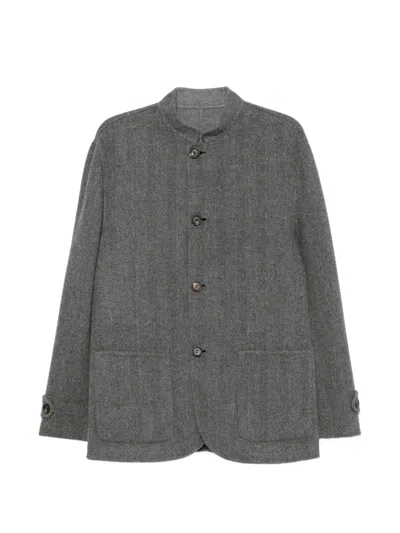 Eleventy Herringbone-pattern High-neck Coat In Gray