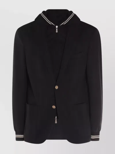 Eleventy Hooded Blazer With Front Pockets And Striped Trim In Blue