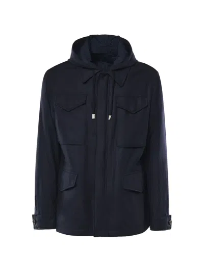 Eleventy Hooded Multi-pocket Jacket In Blue