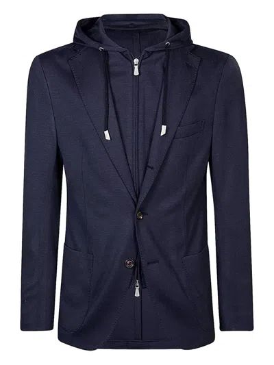 Eleventy Hooded Knit Wool Blazer With Notch Lapels In Blue