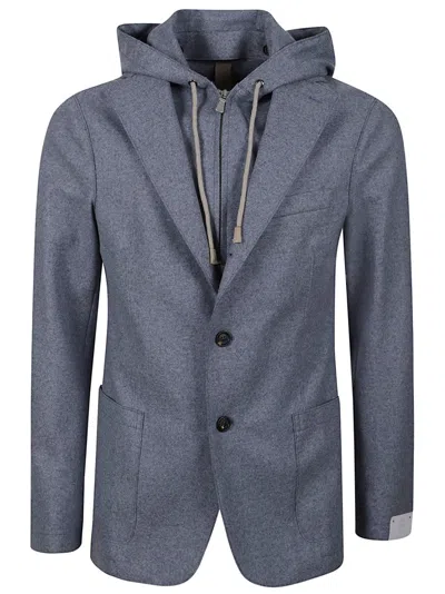 Eleventy Hooded Slim-fit Blazer With Alcantara Details In Gray