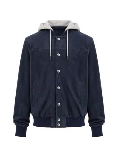 Eleventy Hooded Suede Jacket In Blue