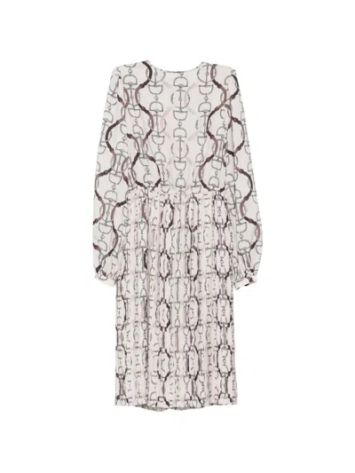 Eleventy Horsebit-print Pleated Midi Dress In Neutrals