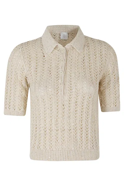 Eleventy Ivory Knit Perforated Ribbed-trim Cotton-blend Polo Shirt In Neutral
