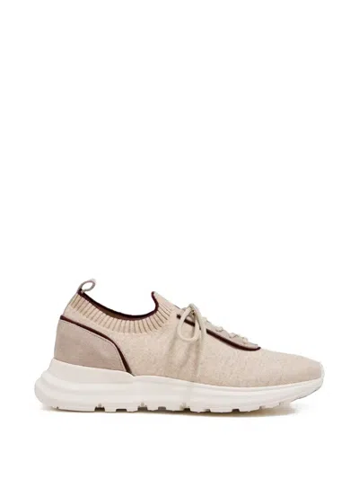 Eleventy Knit Leather-trim Sneakers In Neutral