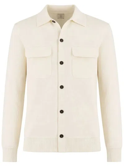 Eleventy Knitted Cream Button-up Flap Pocket Shirt In Animal Print