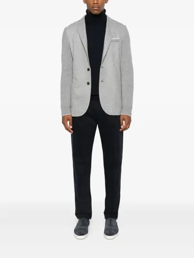 Eleventy Knitted-sleeve Button Blazer In Gray