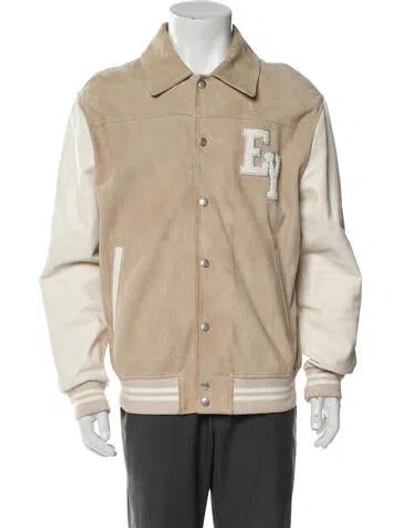 Pre-owned Eleventy Lamb Leather Graphic Print Trucker Jacket In Neutral