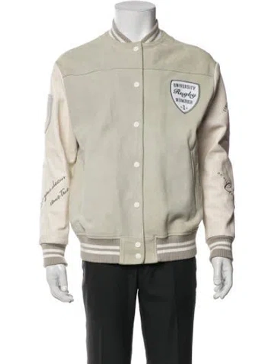 Pre-owned Eleventy Lamb Leather Graphic Print Varsity Jacket In Neutrals