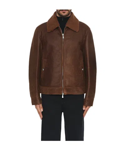 Eleventy Lapel Zipper Leather Jacket In Brown