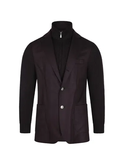 Eleventy Layered-style Rib-knit Jacket In Brown